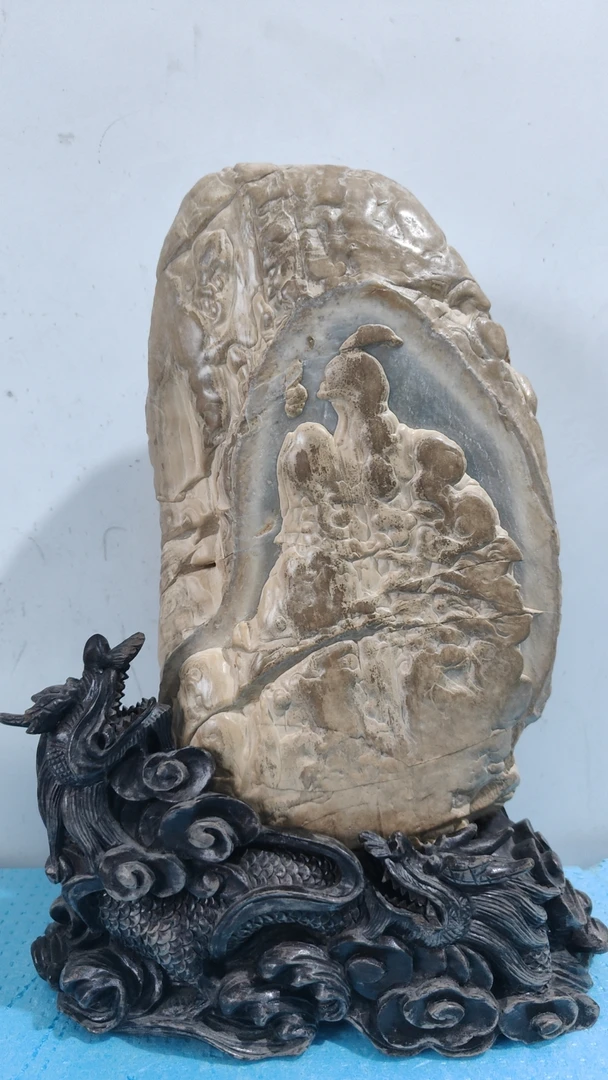 天然云锦石象形龙凤呈祥居家摆件