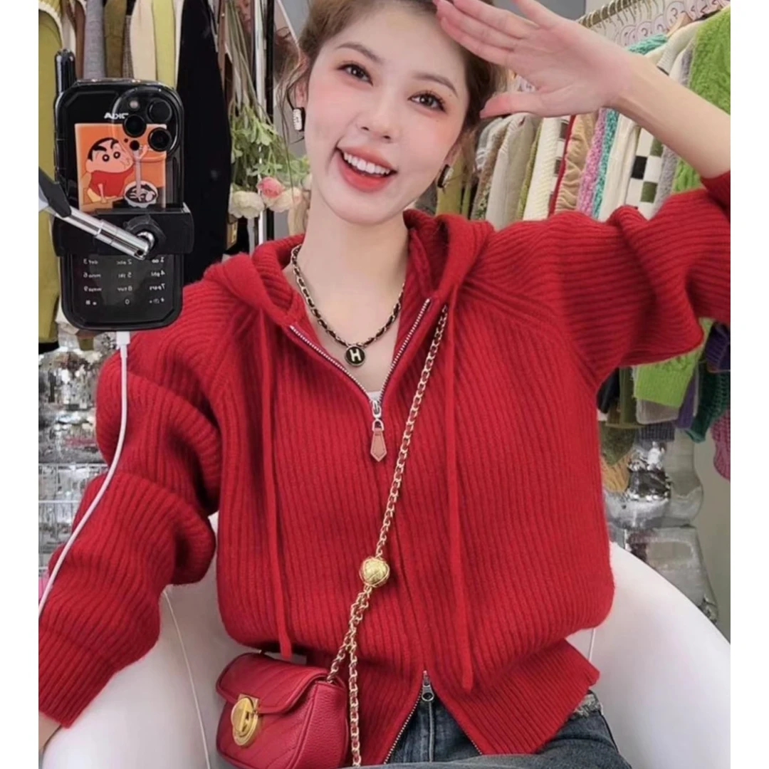 韩版百搭时尚纯色连帽双拉头粗针织衫毛衣2023年秋冬季新款外套女