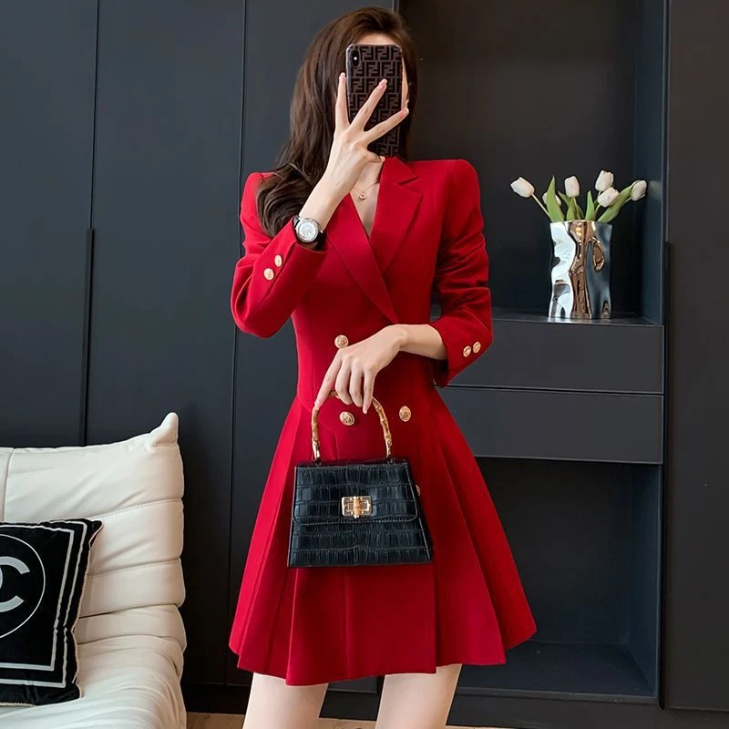 红色西装连衣裙女高级感春秋小个子气质名媛小香风收腰显瘦职业裙