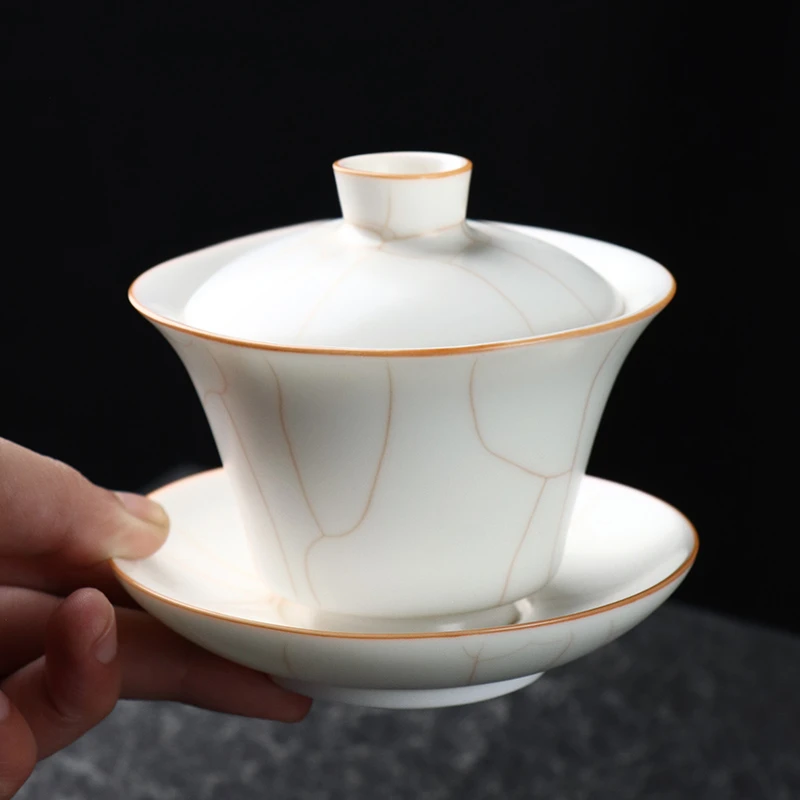 凝香阁茶养开片象牙白汝窑小号马蹄盖碗陶瓷茶具三才碗泡茶碗盖杯