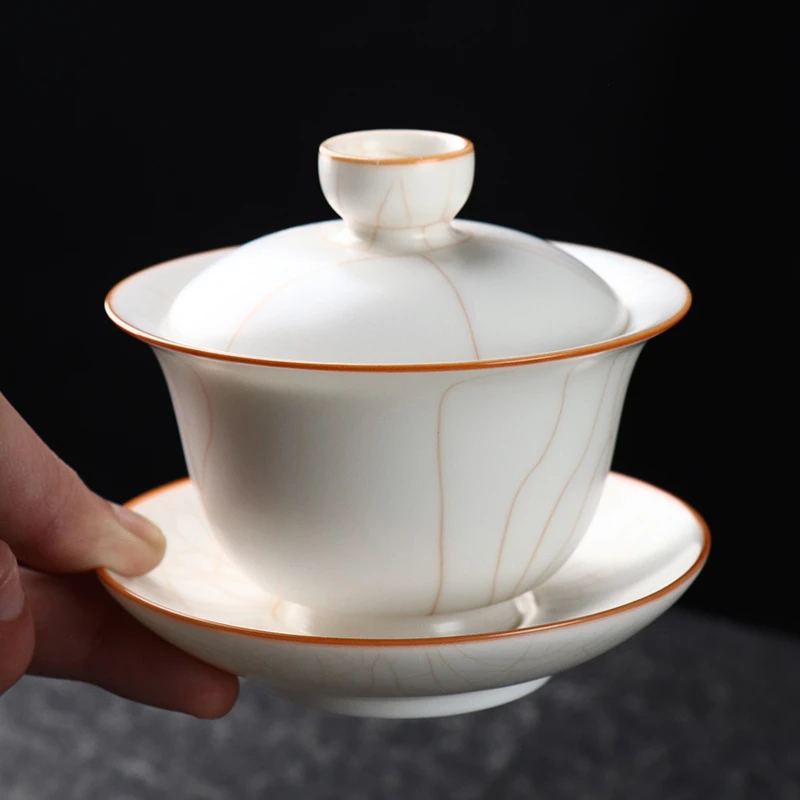 凝香阁茶养开片象牙白汝窑小号元宝盖碗功夫茶具三才碗泡茶碗盖杯