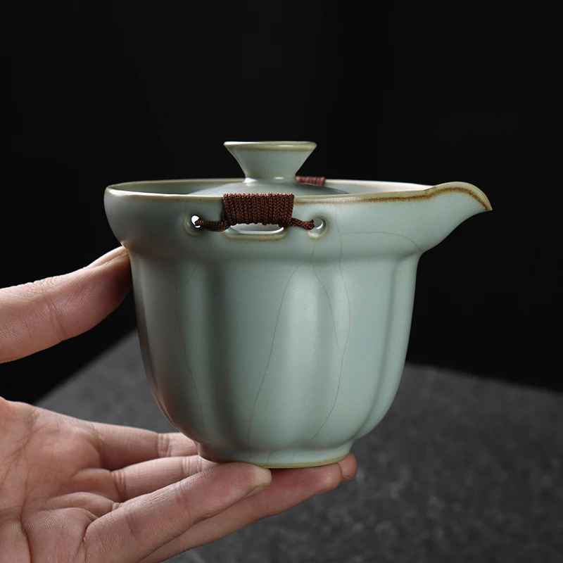 凝香阁 茶养开片哑光天青汝窑手抓壶 不烫手陶瓷茶具大号简易盖碗