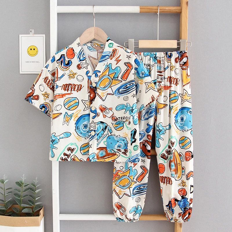 夏季棉绸儿童睡衣女童男童防蚊裤薄款灯笼裤孩宝宝绵绸套装家居服