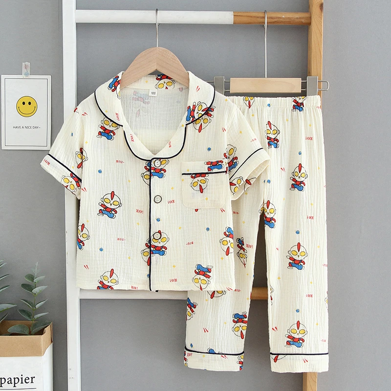 儿童睡衣男童女童纯棉纱布薄款套装短袖长裤小女孩男孩夏季家居服