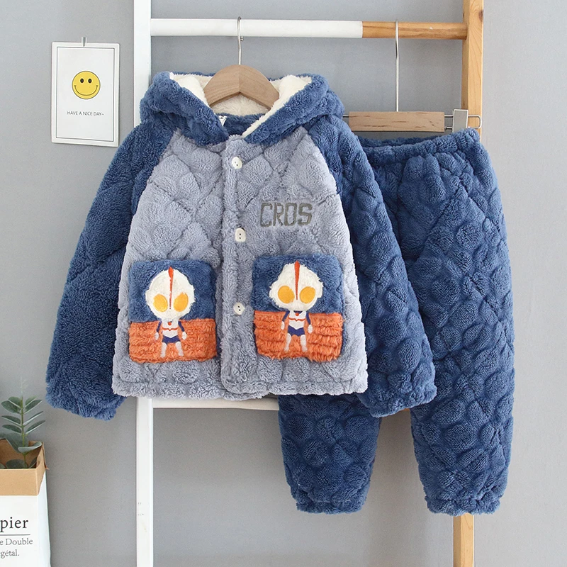 儿童睡衣男童冬季加厚款珊瑚绒保暖卡通连帽法兰绒童装家居服套装