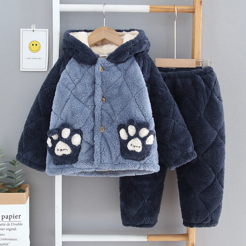 儿童睡衣男童冬季加厚款珊瑚绒夹棉男孩连帽法兰绒童装家居服套装