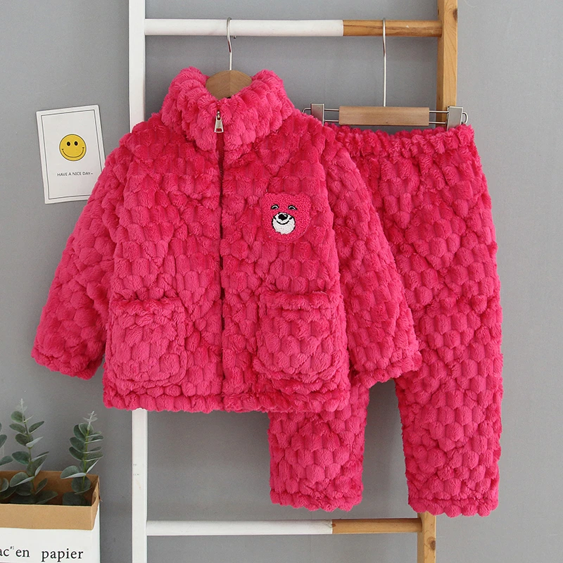 儿童睡衣女童冬季加厚款珊瑚绒夹棉女孩立领拉链法兰绒亲子家居服