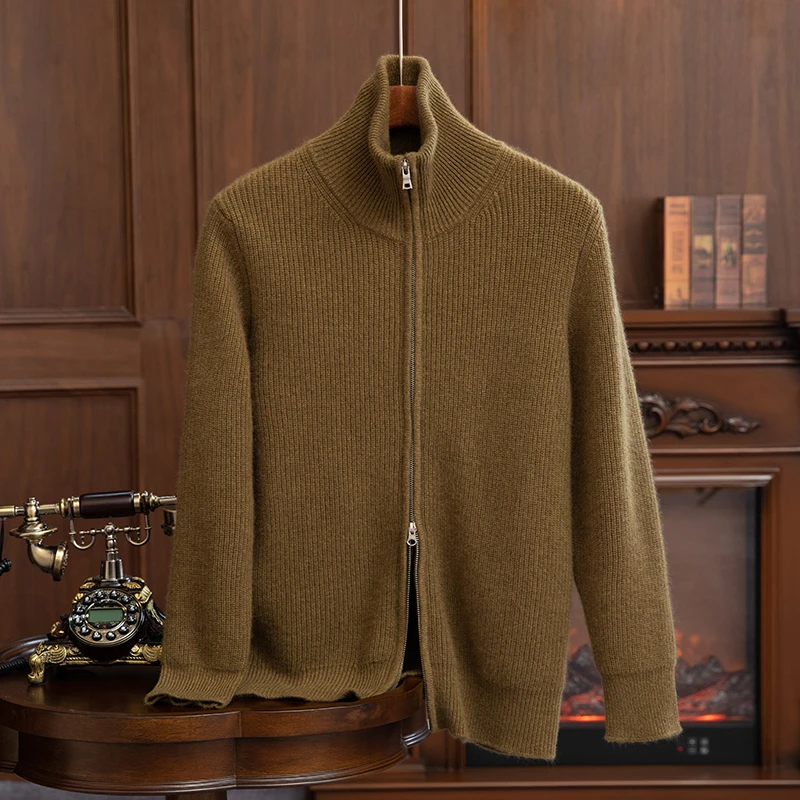 【ZHENCAN】100%纯山羊绒加厚高领可翻领元宝针双拉链男外套开衫