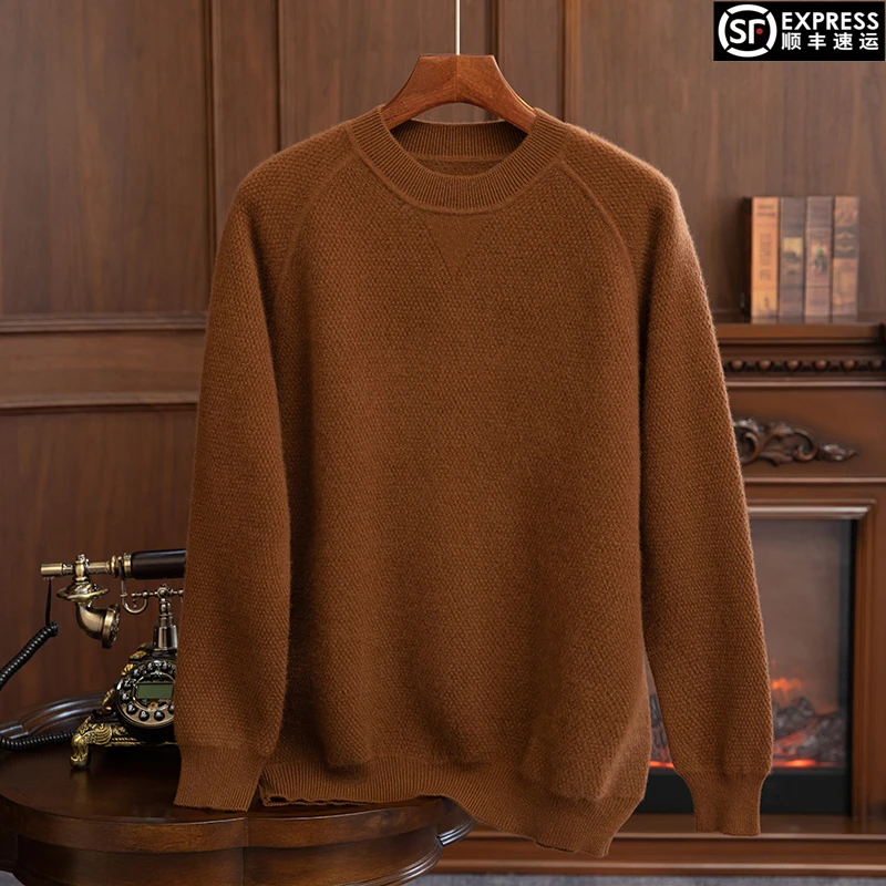【ZHENCAN】男款圆领100%纯山羊绒长袖男士宽松插肩加厚打底套头衫