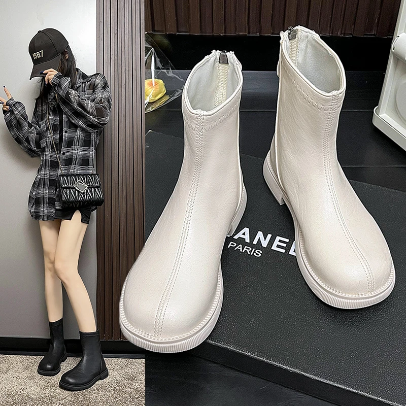 马丁靴女2023冬款白色短款靴子芒果头法式白色短靴cos后拉链单靴