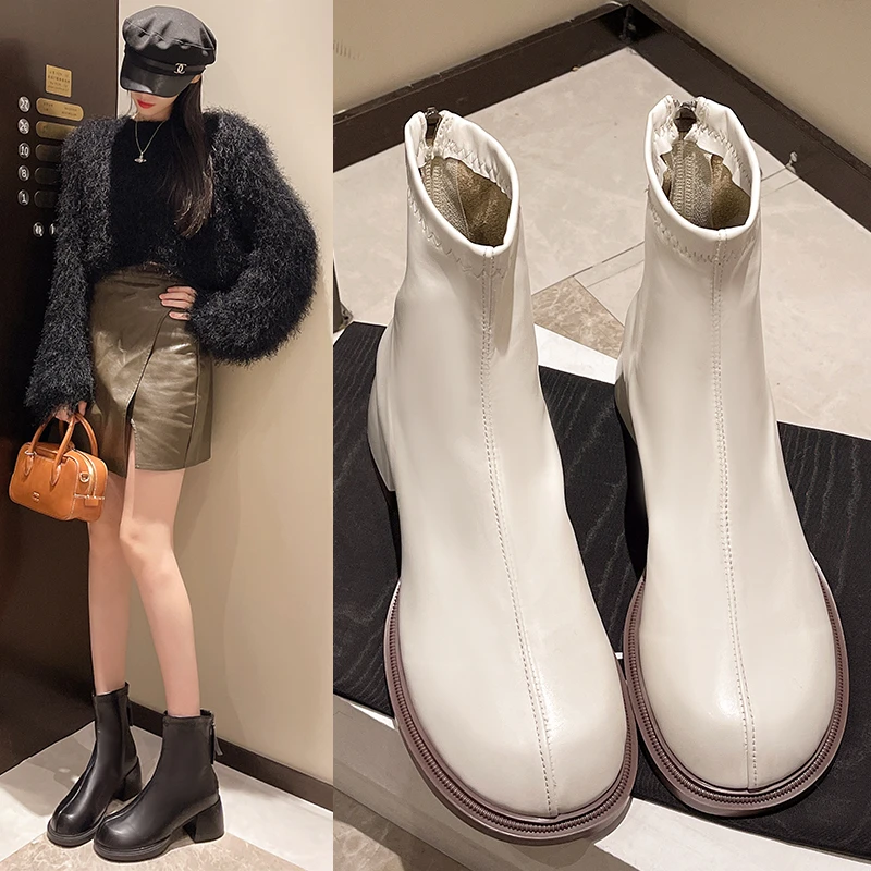 英伦风马丁靴女软皮秋冬季新款加绒白色短靴百搭后拉链厚底瘦瘦靴