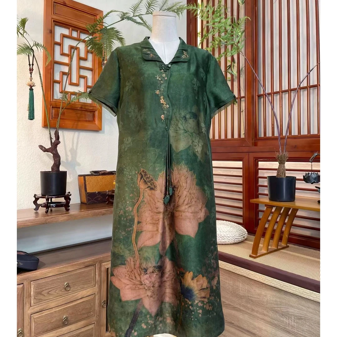 知羽香云【翠莲映趣】轻中式精工绣花翻领香云纱花萝连衣裙FY1677