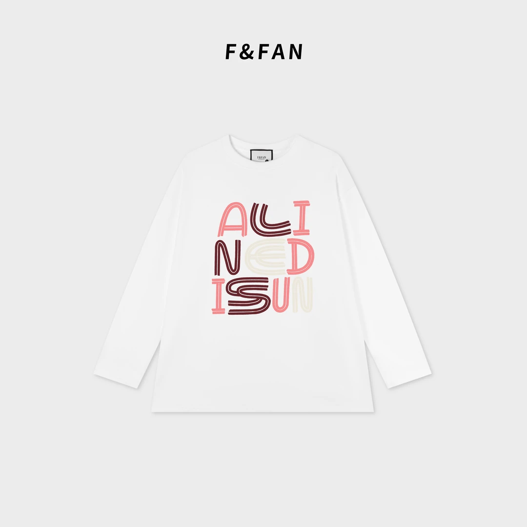 FAND【多巴胺】春季情侣装白色宽松印花圆领长袖T恤打底衫