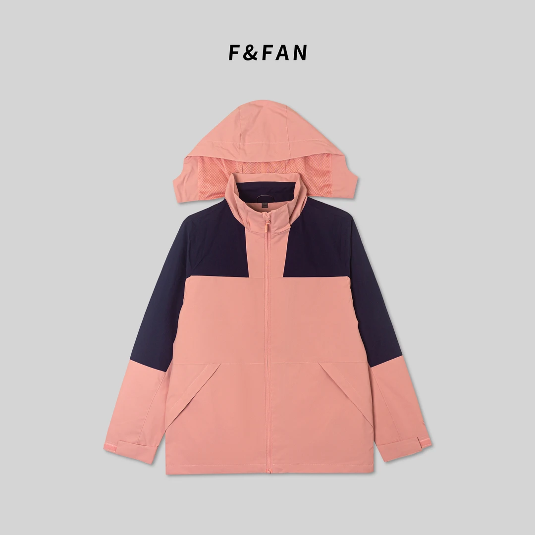 F&FAN【BV家】秋冬中长款情侣装拼接连帽拉链长袖外套潮牌冲锋衣
