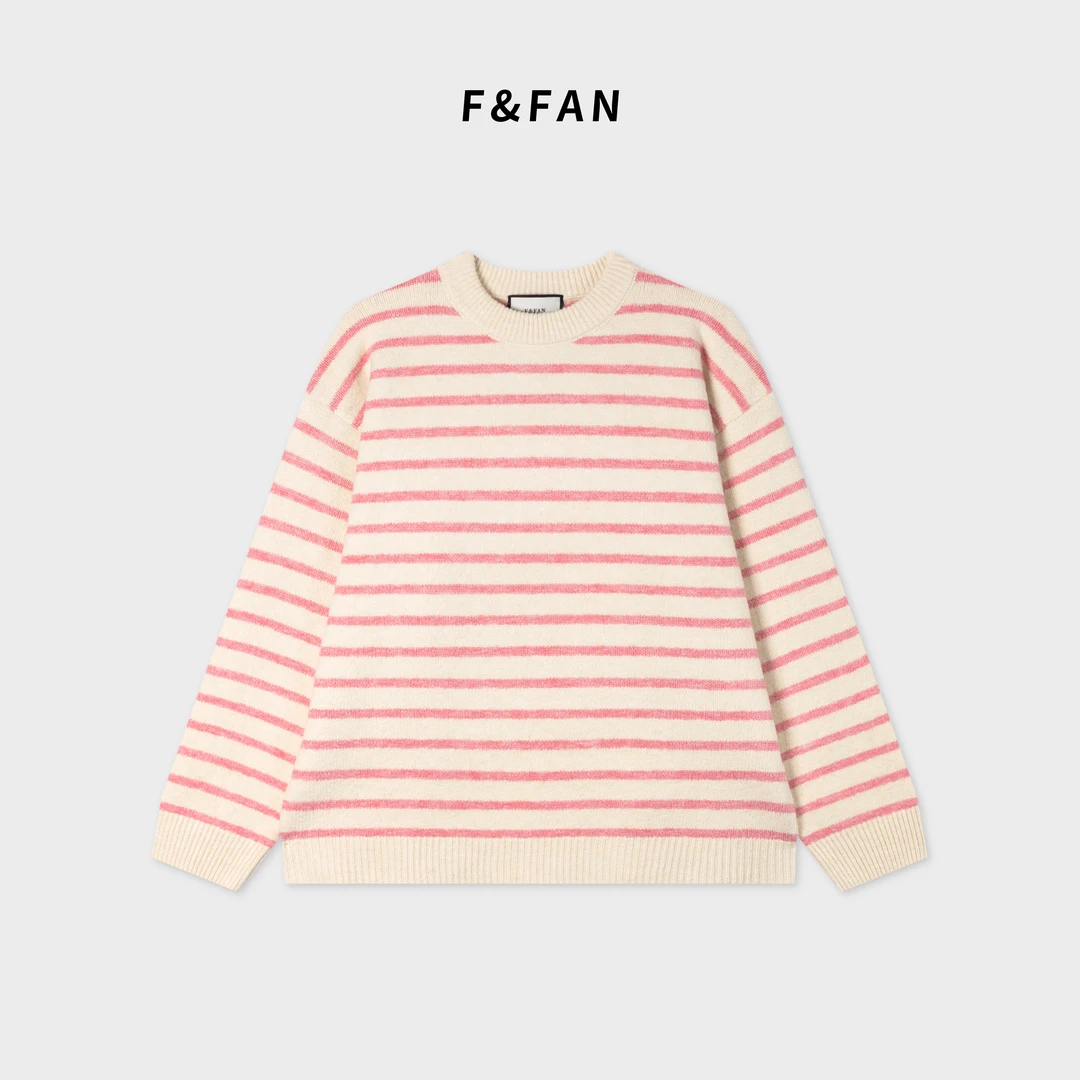 F&FAN【pink】冬款情侣装加厚时尚甜美条纹粉色条纹圆领针织毛衣