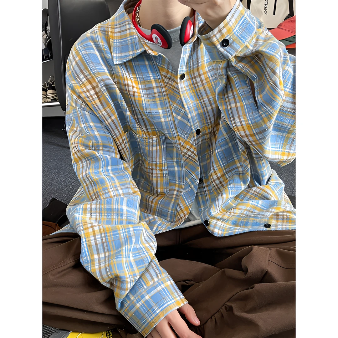 美式复古格子长袖衬衫男秋冬季加绒潮牌宽松休闲2025新款衬衣外套