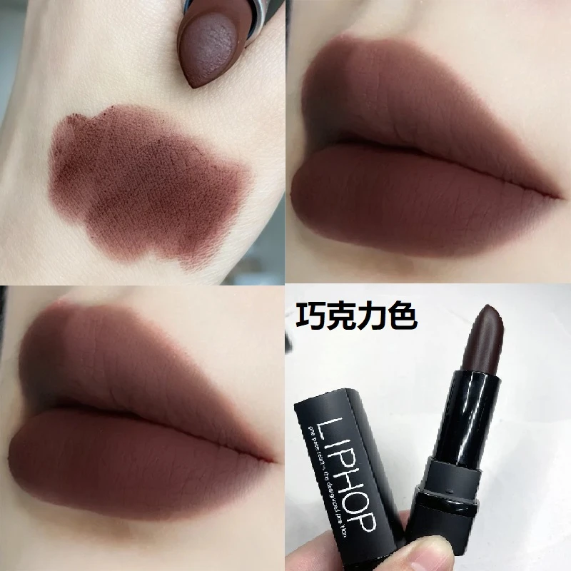 哥特风巧克力色哑光雾面口红深紫色黑紫色巧克力棕姨妈红唇膏唇泥