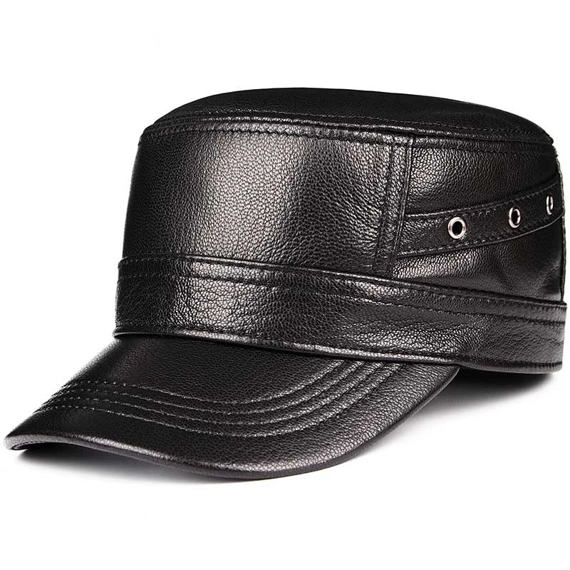 真皮帽子男士春秋户外平顶单帽中老年人羊皮鸭舌帽休闲老人老头帽