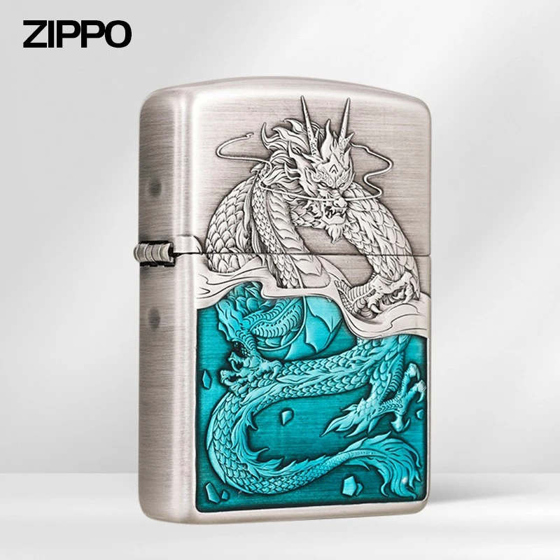 ZIPPO 【蛟龙入海】打火机仿古银盔甲机芝宝防风煤油送男朋友礼物