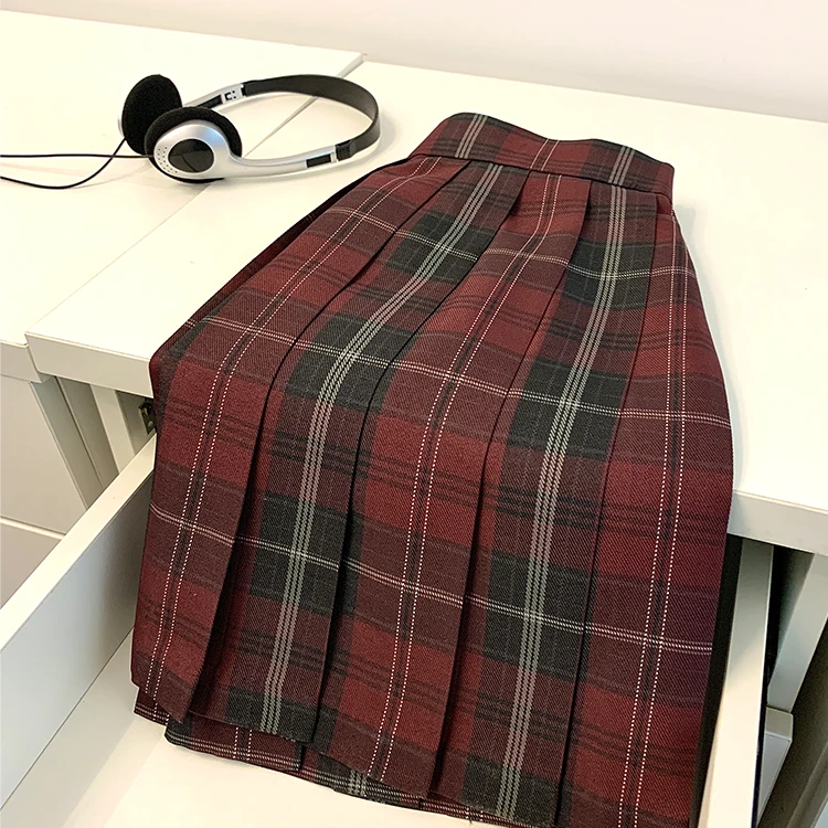 冰淇淋与鲸【黑桃红】 原创JK制服红格半身裙校供感学院风百褶裙