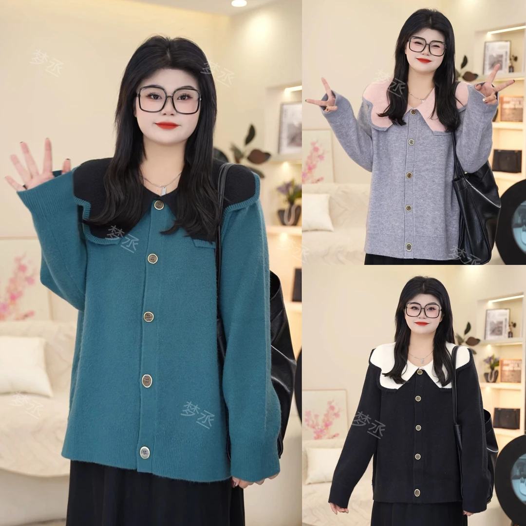 梦丞-大码女装法式娃娃领撞色减龄百搭冬季宽松显瘦休闲针织开衫