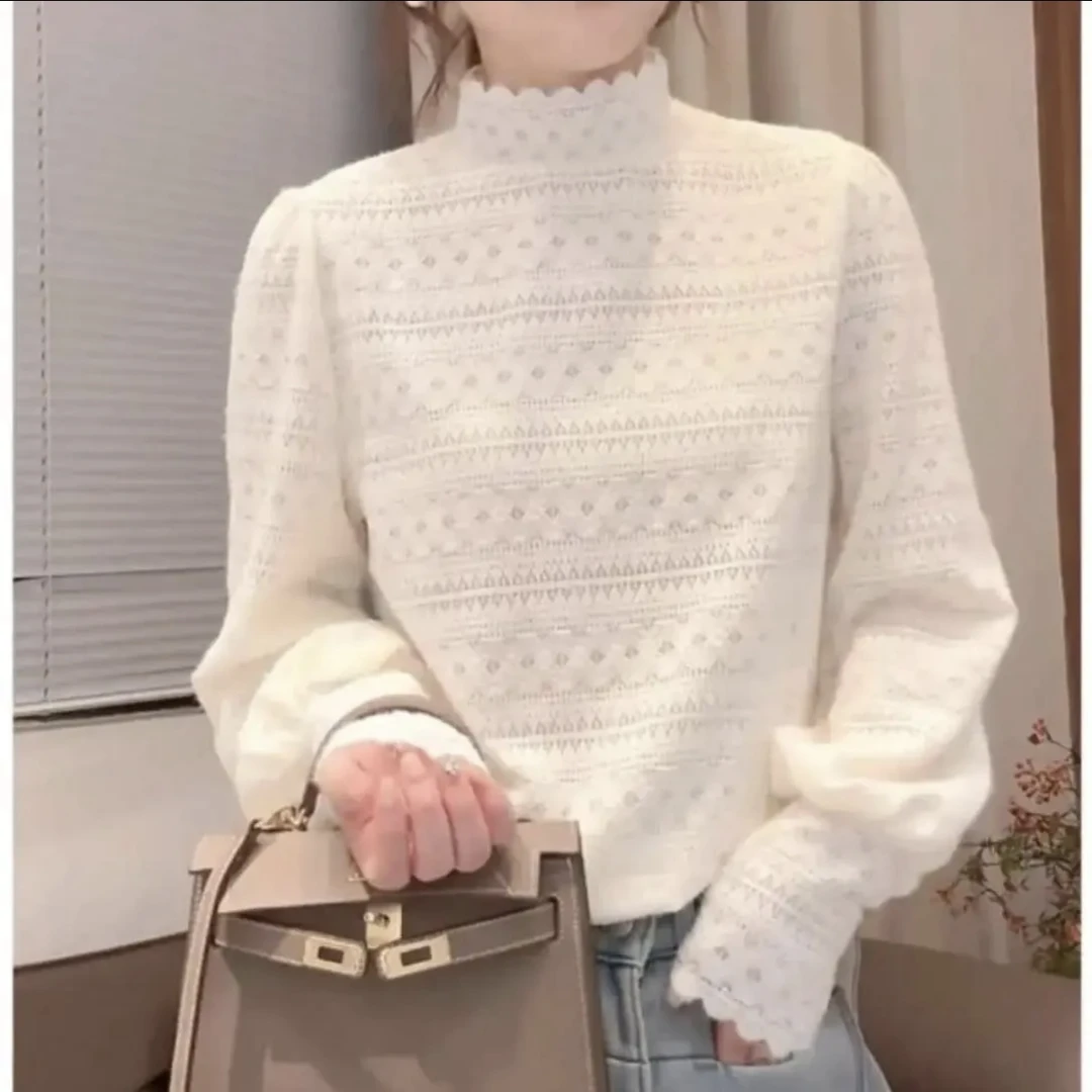 设计感磨毛蕾丝打底衫T恤女秋冬加绒加厚法式钩花半高领长袖上衣