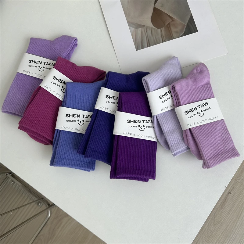 紫色袜子女夏季棉袜ins超火日系运动袜不掉筒彩色中筒袜配鲨鱼裤