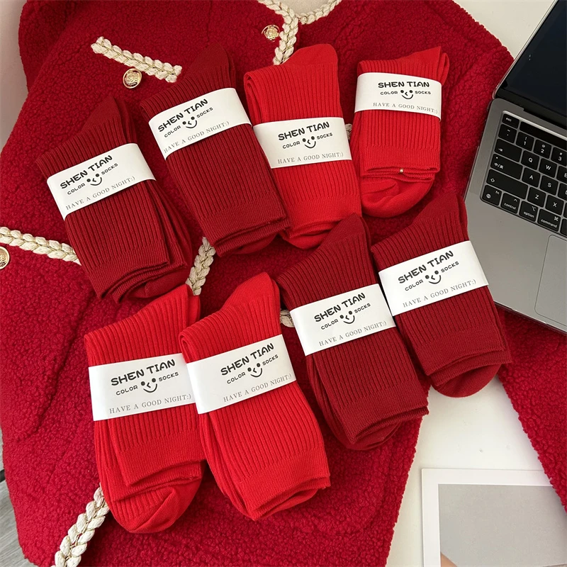 本命年大红色袜子女中筒袜秋冬男士堆堆袜结婚暗红松口棉袜礼盒装