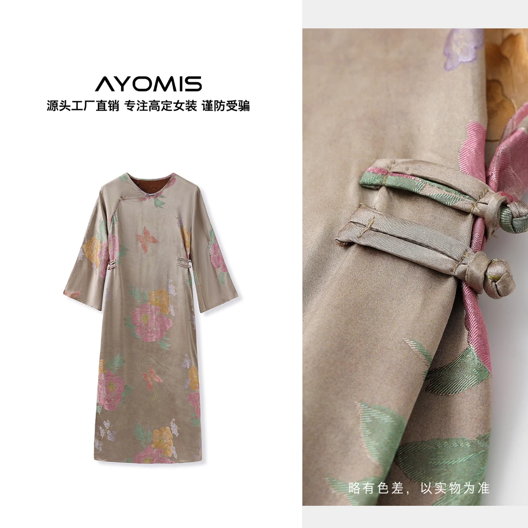 2025国风新中式印花设计感开叉人丝旗袍连衣裙显瘦修身长裙 M6065