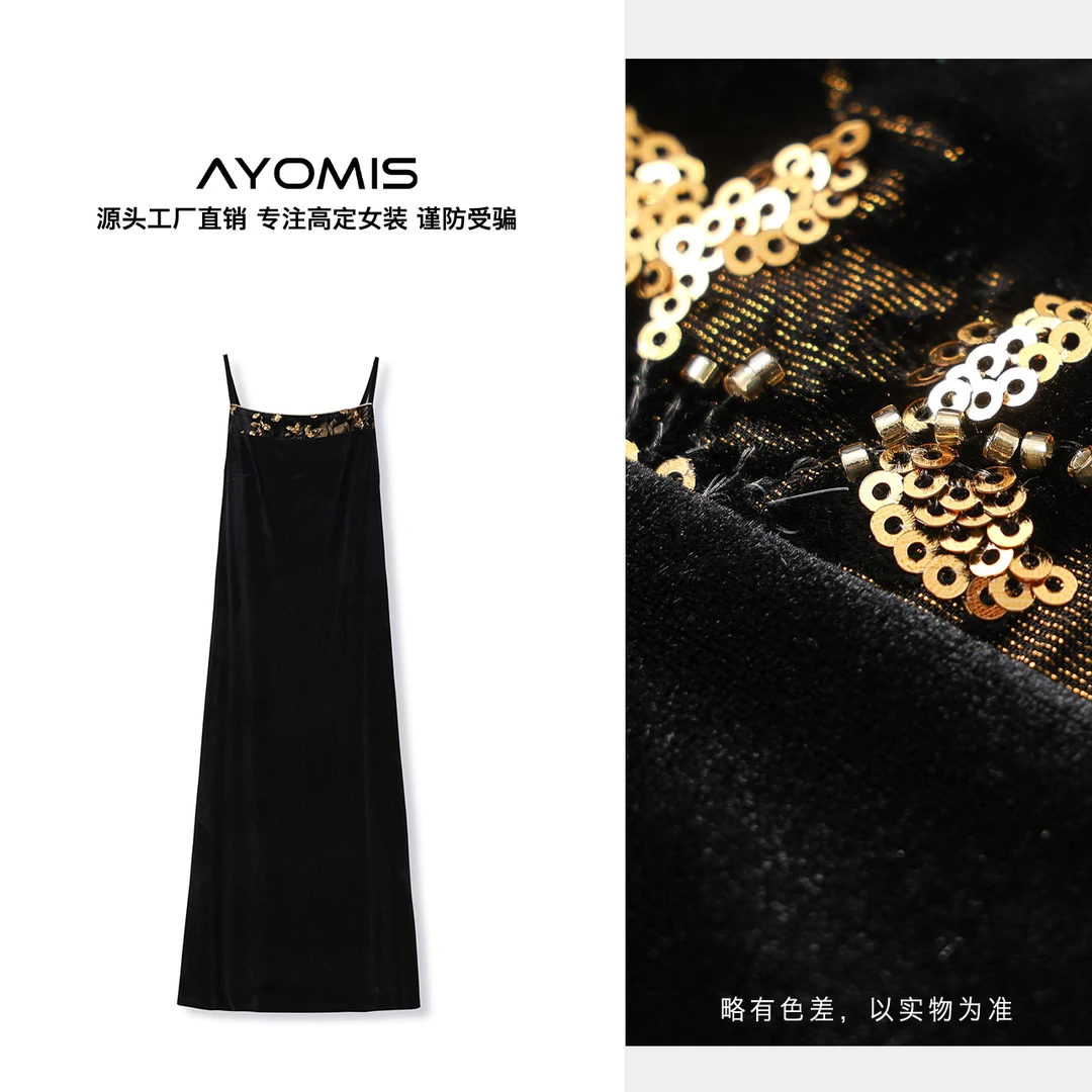 法式黑色丝绒吊带连衣裙女早秋季高级性感轻奢一字修身长裙 M9004