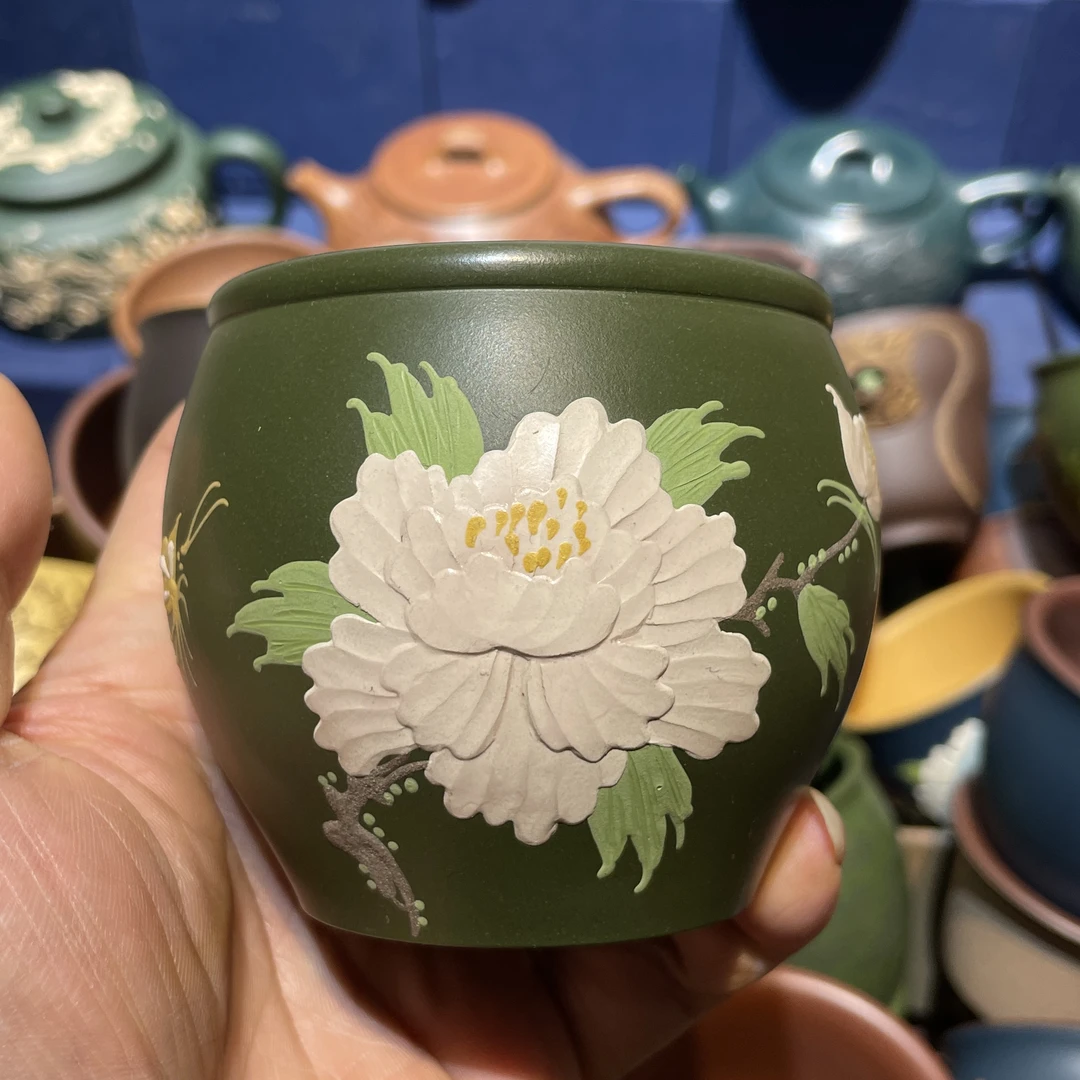 宜兴原矿紫砂绿泥全手工泥绘变色牡丹花主人杯160毫升水缸杯茶杯