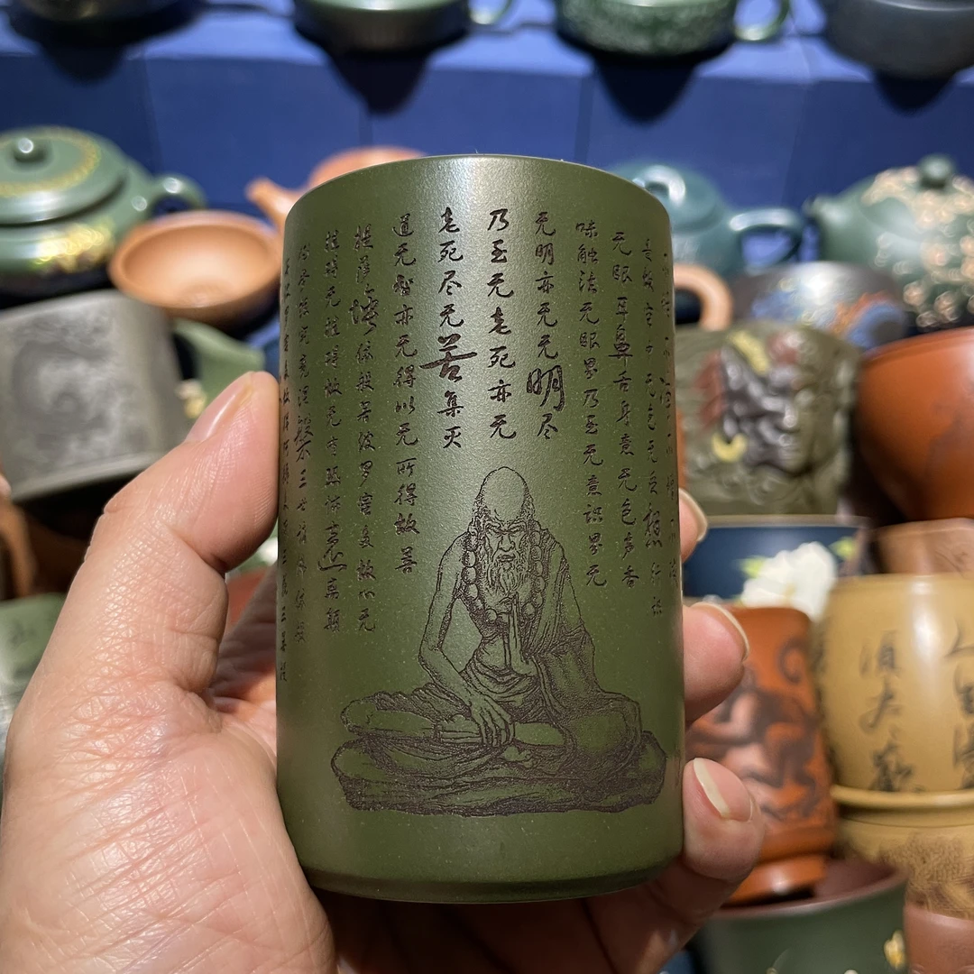 紫砂原矿绿泥达摩心经主人杯手工直桶紫砂杯180毫升大容量茶杯