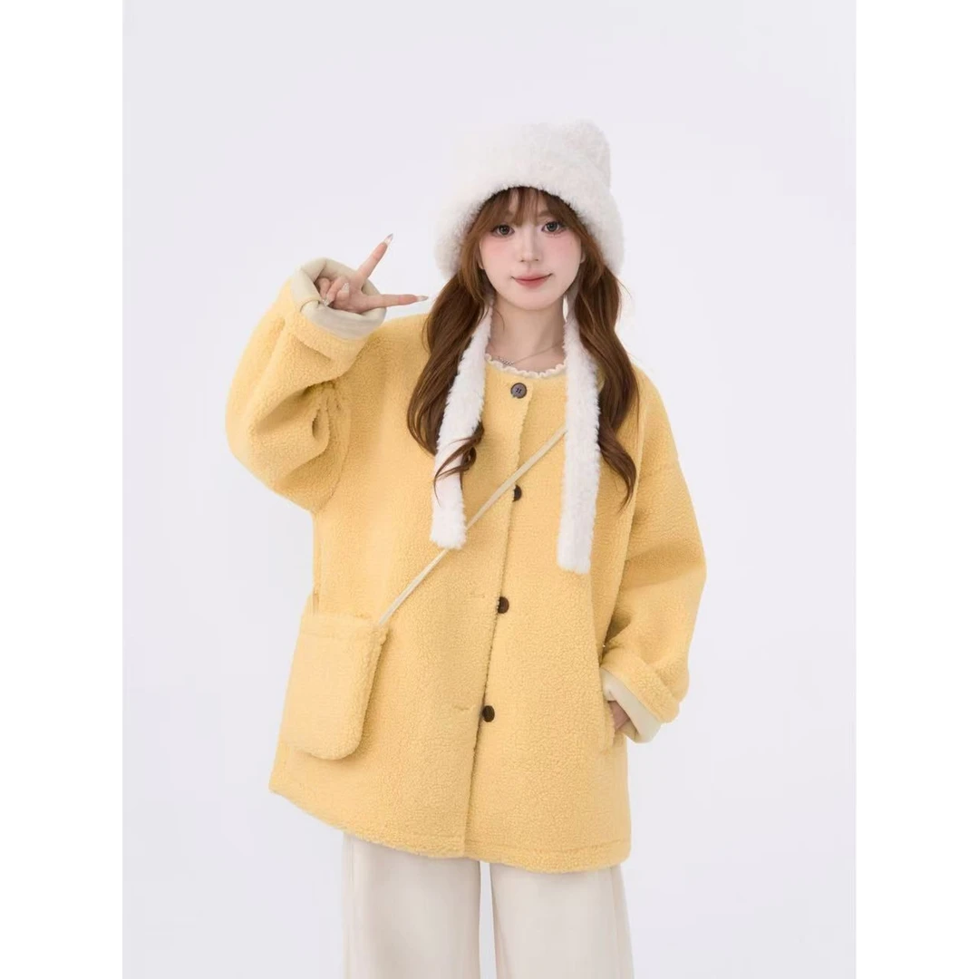 花田橱窗  四色羔羔毛一体外套女冬休闲宽松大衣外套6051