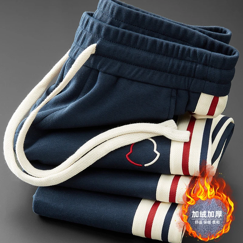 冬季轻奢加绒百搭保暖直筒运动宽松裤针织加厚侧边织带男秋冬裤子