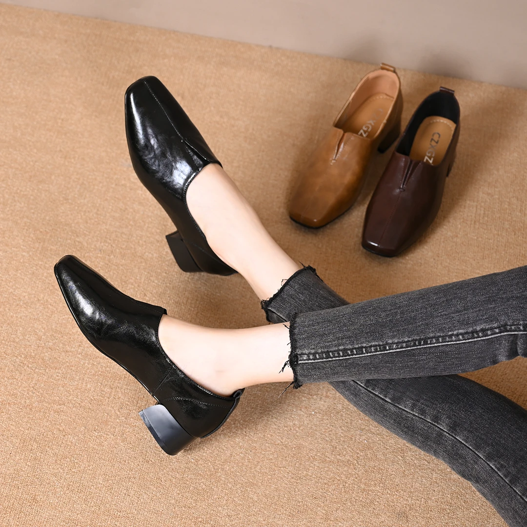 软底方头时尚深口中跟舒适单鞋女秋季新款软皮粗跟松紧一脚蹬皮鞋