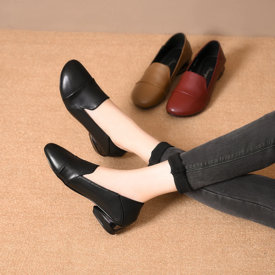 单鞋女2024春秋款舒适圆头低跟女鞋粗跟平底一脚蹬舒适软底豆豆鞋