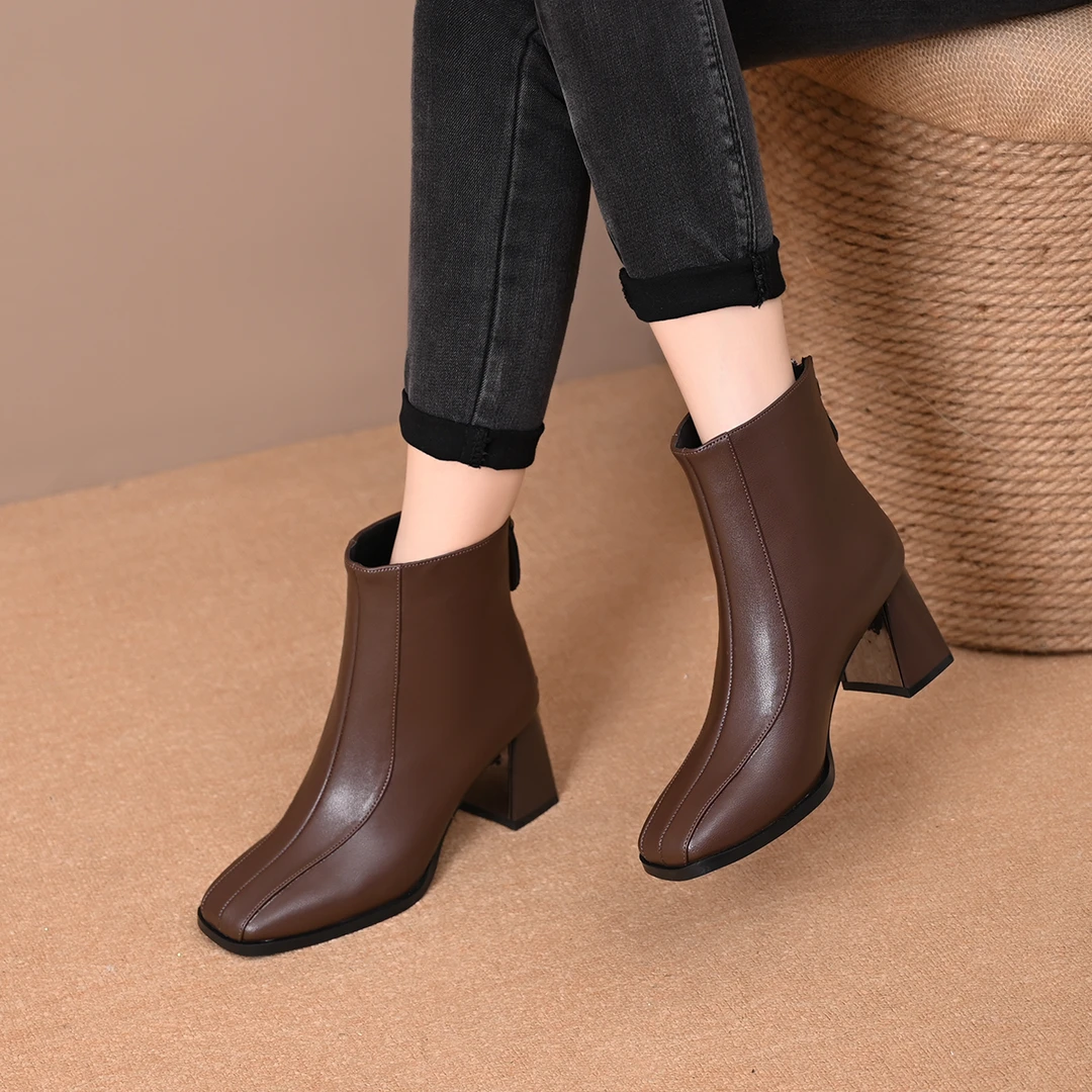 法式复古舒适后拉链高跟短靴女2025新款秋冬单靴粗跟方头瘦瘦靴子