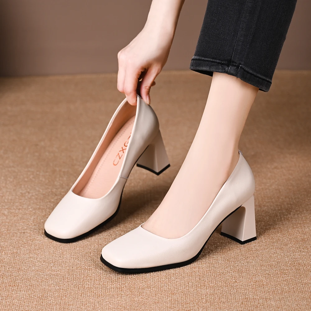 高跟鞋女春秋法式气质小方头百搭职业通勤软皮粗跟单鞋LF 202252