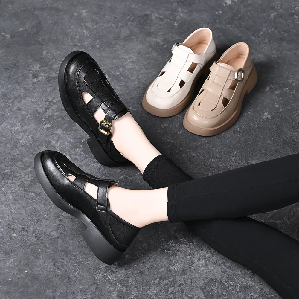 姚芳女鞋牛皮包头凉鞋舒适厚底平跟休闲凉鞋透气镂空洞洞猪笼鞋夏