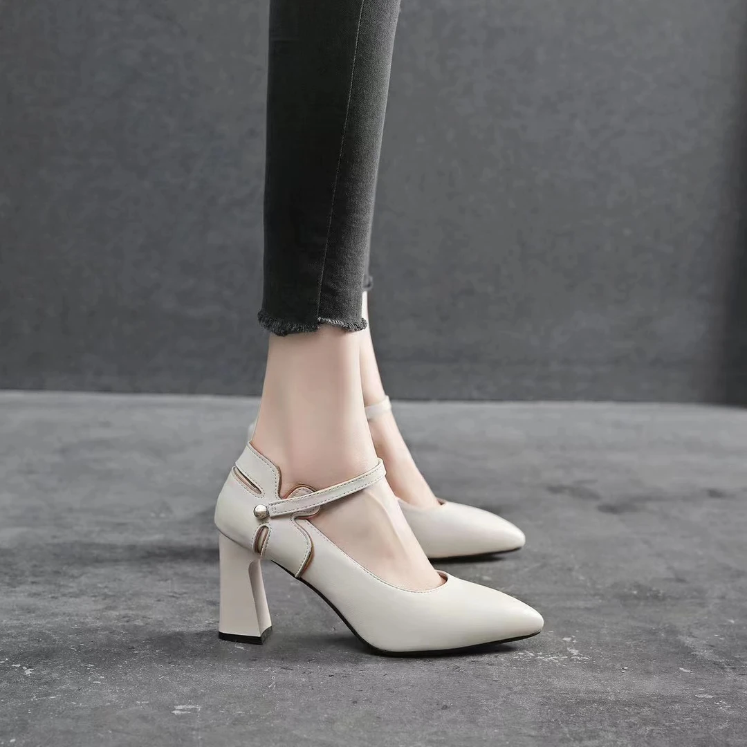 舒适时尚高跟女鞋舒适粗跟一字带浅口尖头百搭气质秋软底软底单鞋