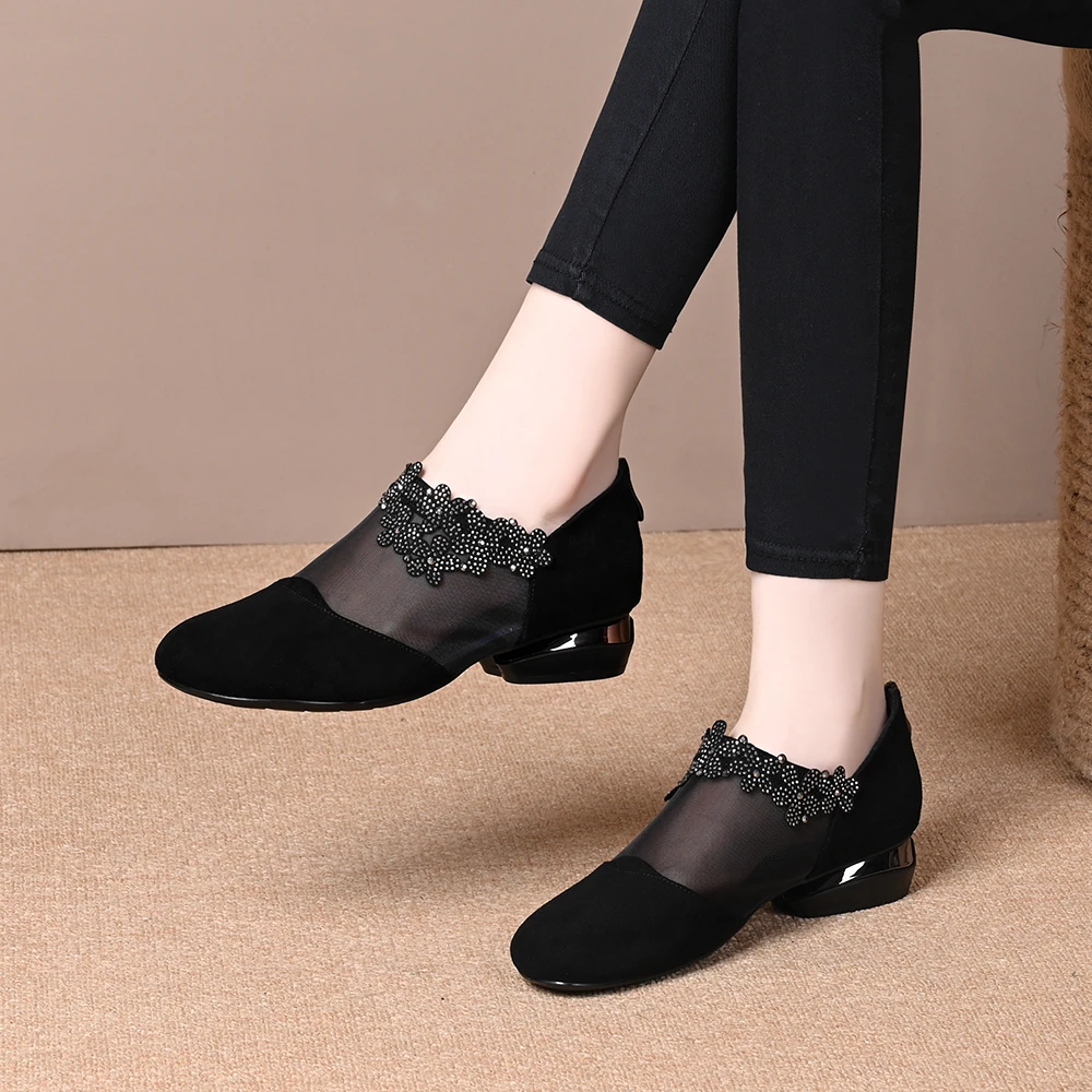 舒适单鞋女网纱2024新款春夏低跟镂空透气包头水钻磨砂女鞋潮