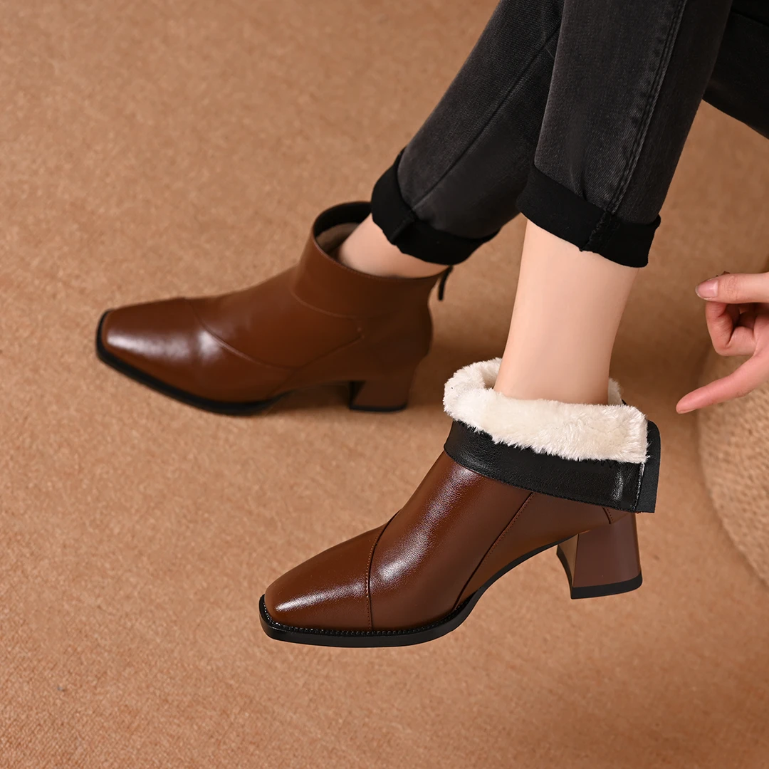 大棉舒适粗跟短靴女2025高跟裸靴冬加绒棕色瘦瘦靴单靴英伦马丁靴