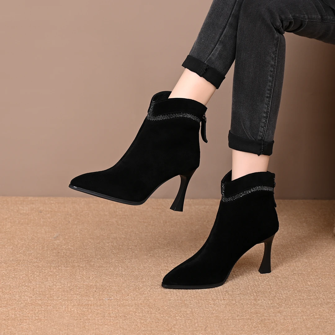2025秋冬新款高跟磨砂短靴女尖头细跟靴子法式小高跟鞋时尚马丁靴
