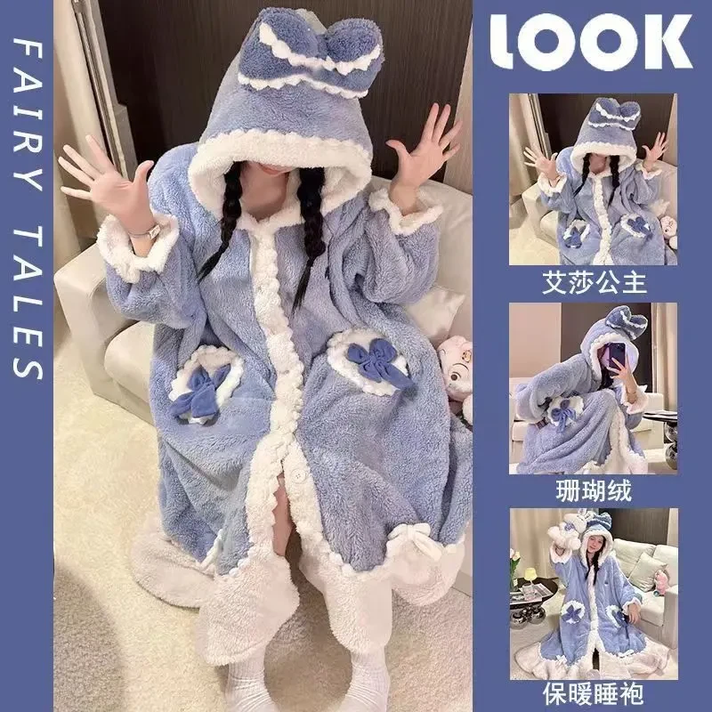 珊瑚绒浴袍加绒加厚学生公主连帽卡通秋冬季孕妇保暖长款外穿睡袍