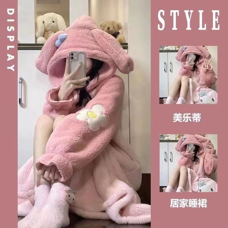 甜美可爱少女卡通美乐蒂睡衣女珊瑚绒加厚睡袍2023新款冬季家居服