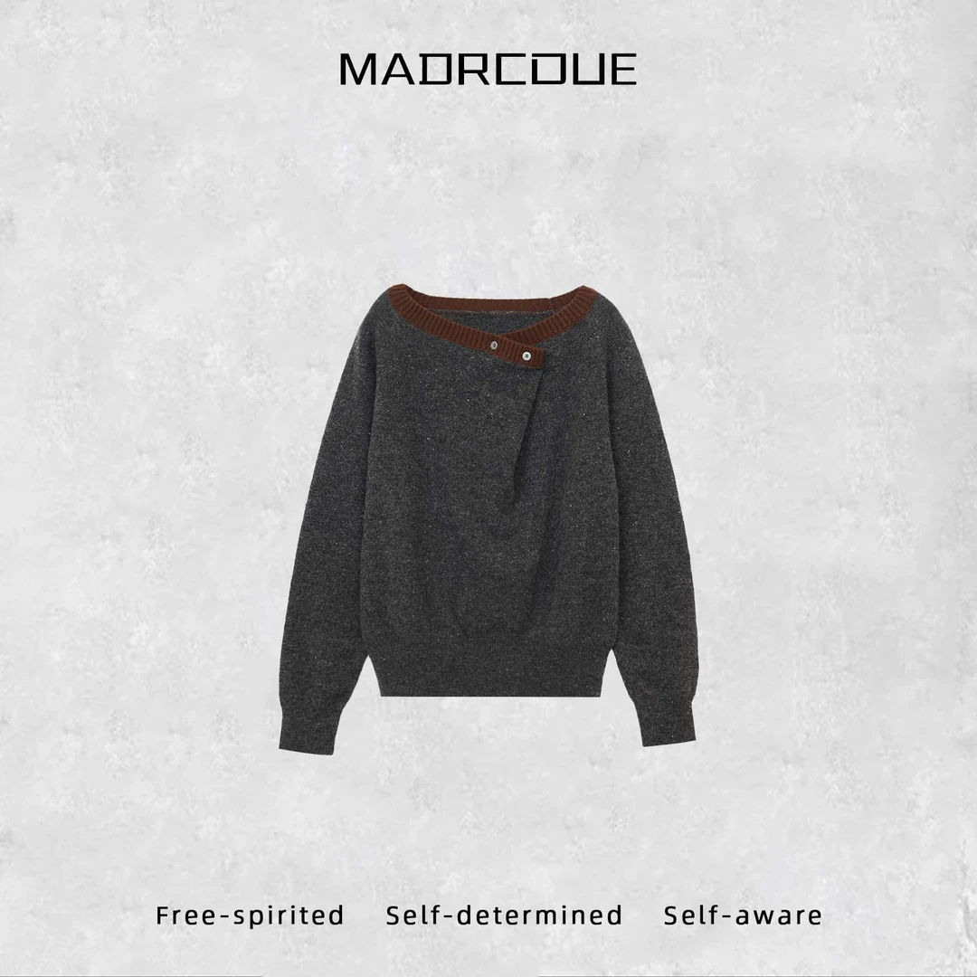 MADRCOUE洋气别致撞色设计感毛衣慵懒风软糯深灰色V领毛衣JW100