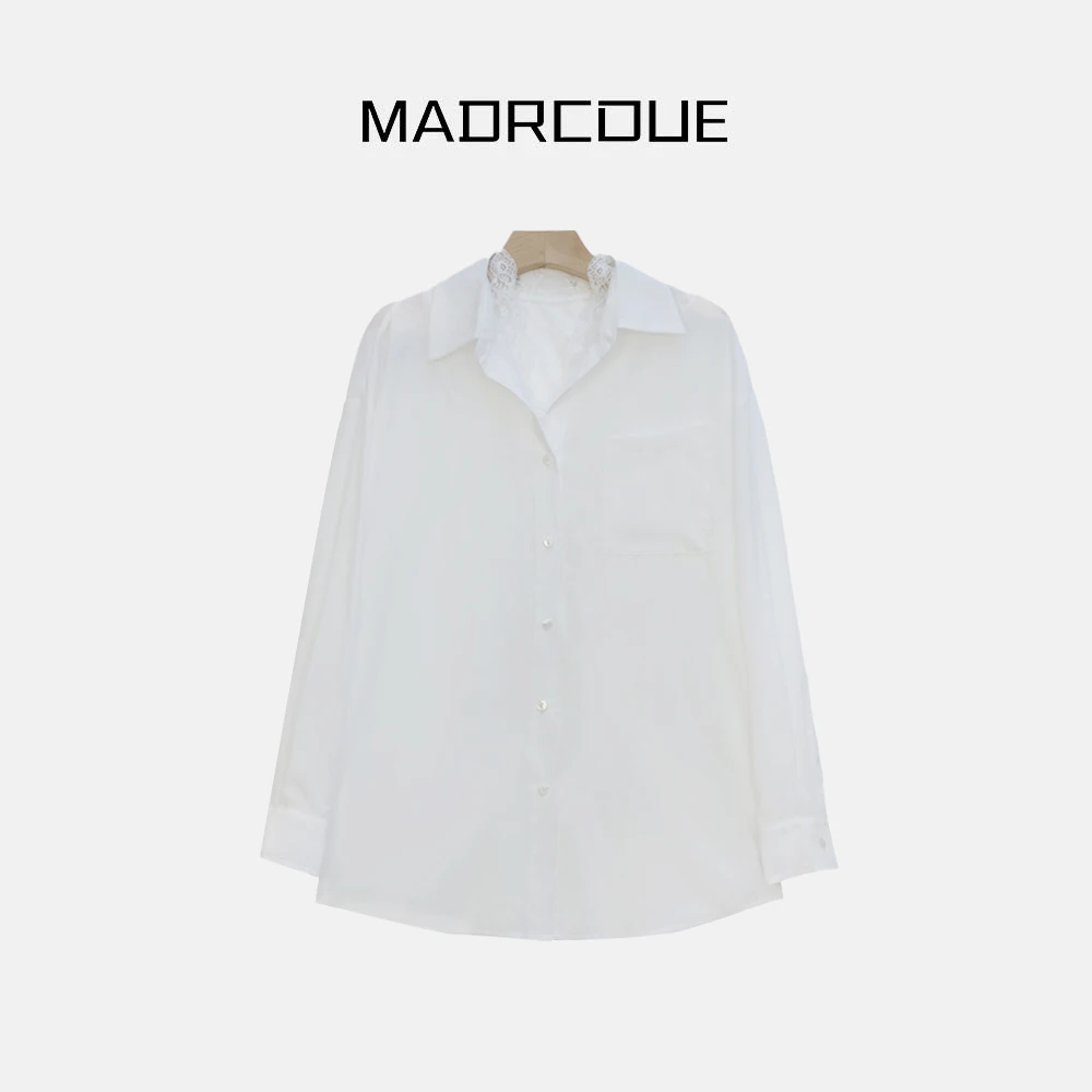 MADRCOUE【你好迷人】质感牙签纹花边两件套衬衫JW003