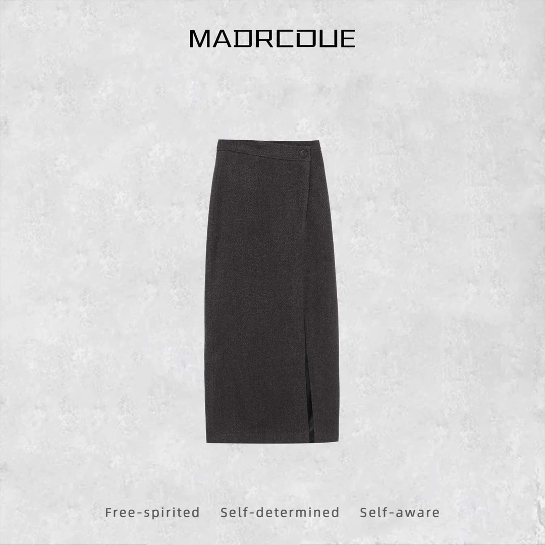 MADRCOUE 江奇怪 不规则腰头前开叉呢子直筒半裙中长款裙子 JW087