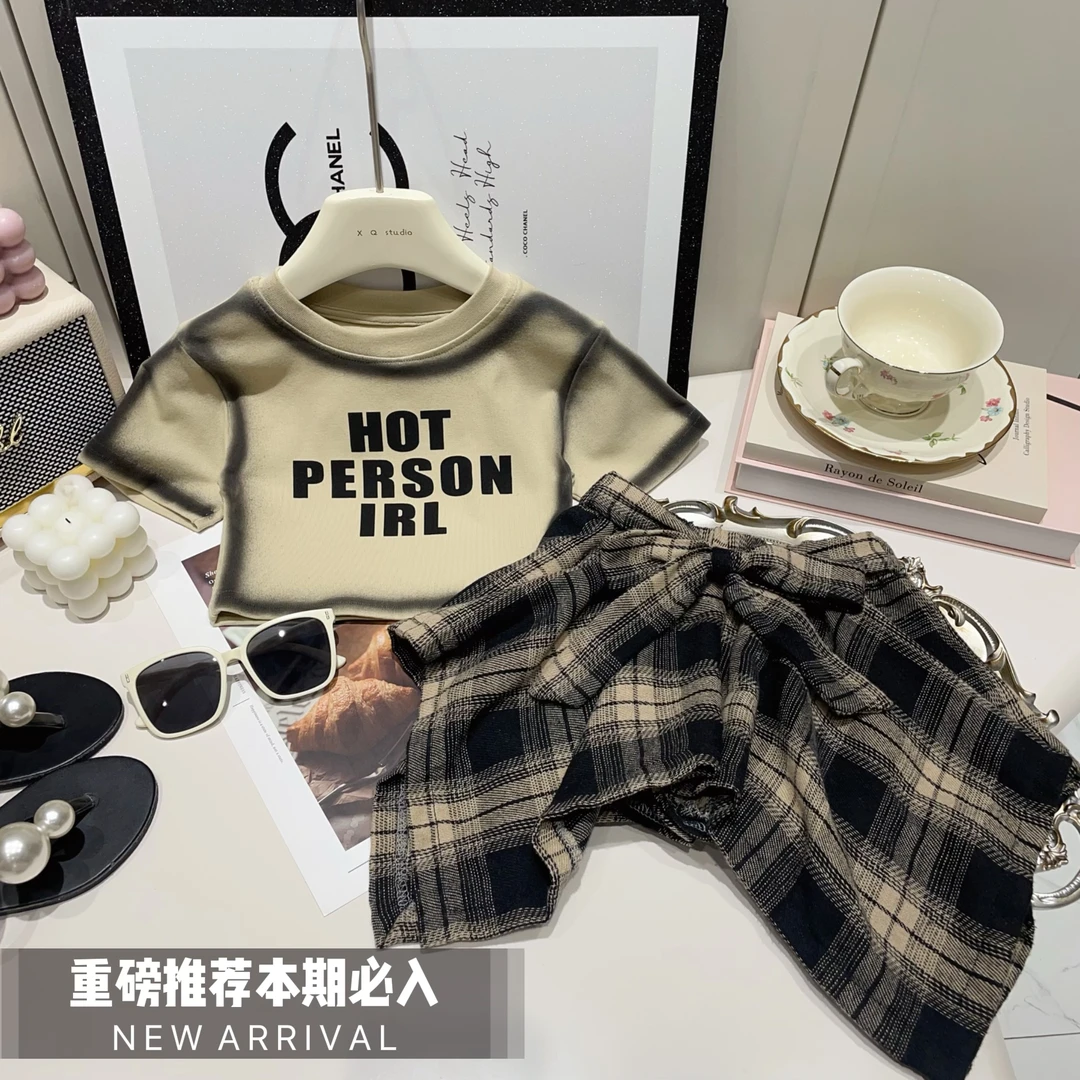 女童2024夏季韩版美拉德辣妹T恤格子裙裤两件套C21236