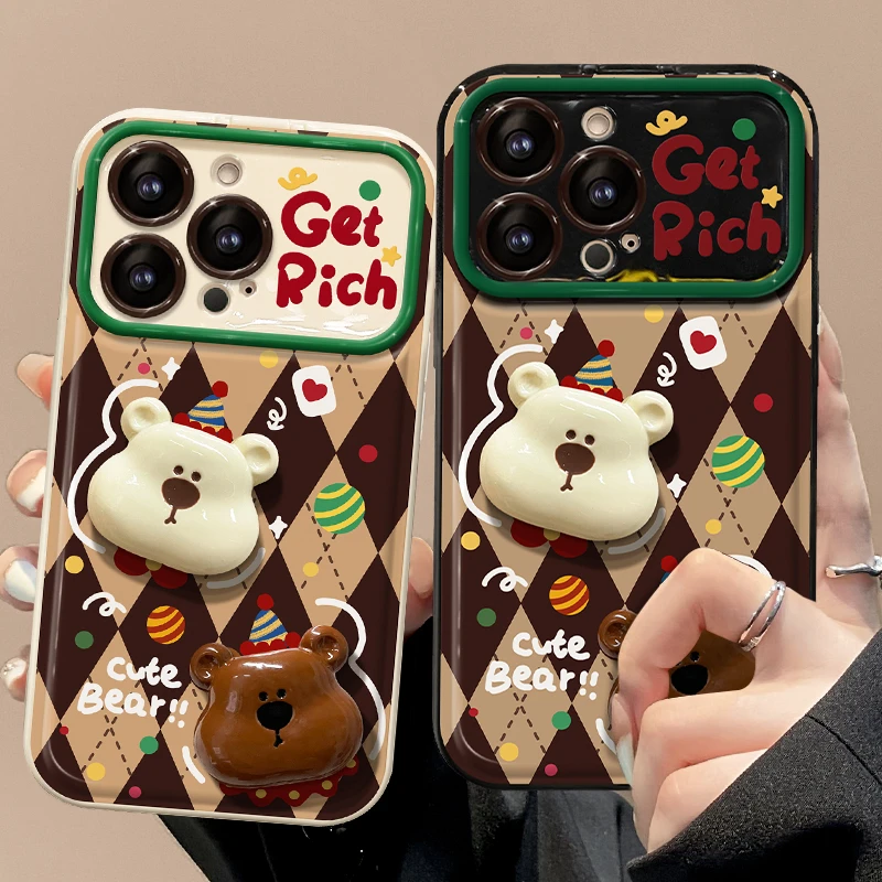 菱格圣诞小熊适用于苹果15/14/13/12/xsmax翻盖镜子大视窗手机壳